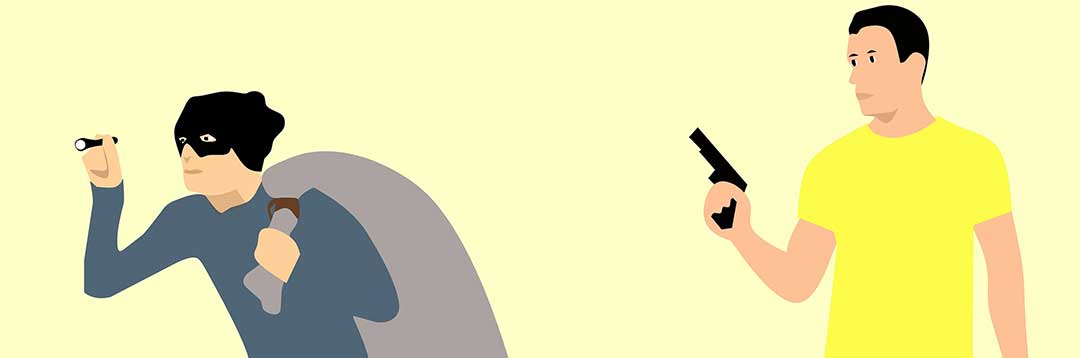 A robber with a bag of loot and a man with a gun to show a crime taking place.
