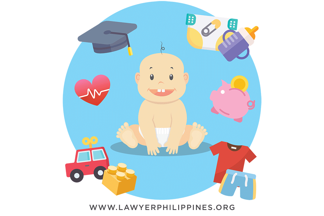 A cute baby on a blue background, surrounded by small images of a car, present, graduation cap, food and milk bottle, piggy bank and clothes; signfiying the expenses to consider for a Child Support Agreement Philippines.