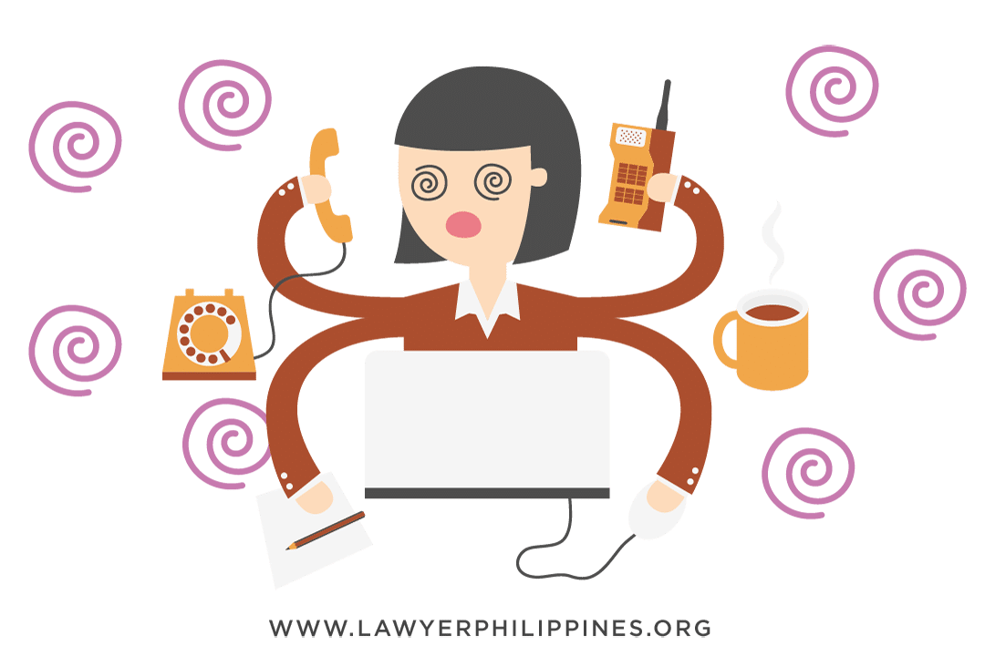 A girl holding a telephone in one hand, a cell phone on the other, and a coffee beside her, looking confused