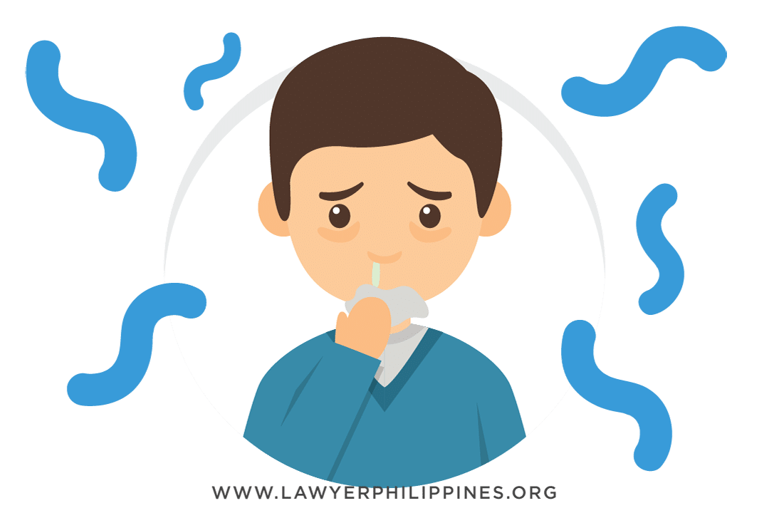 A man with a runny nose and tiny particles of bacteria around him