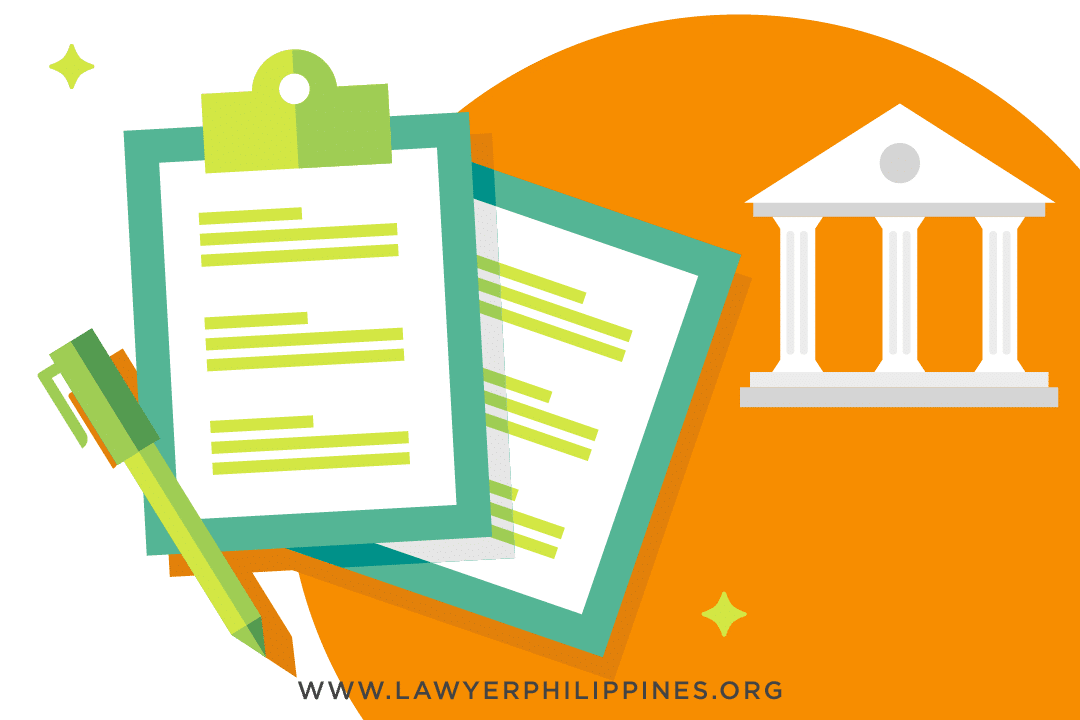 A tribunal structure on the right and documents on the left