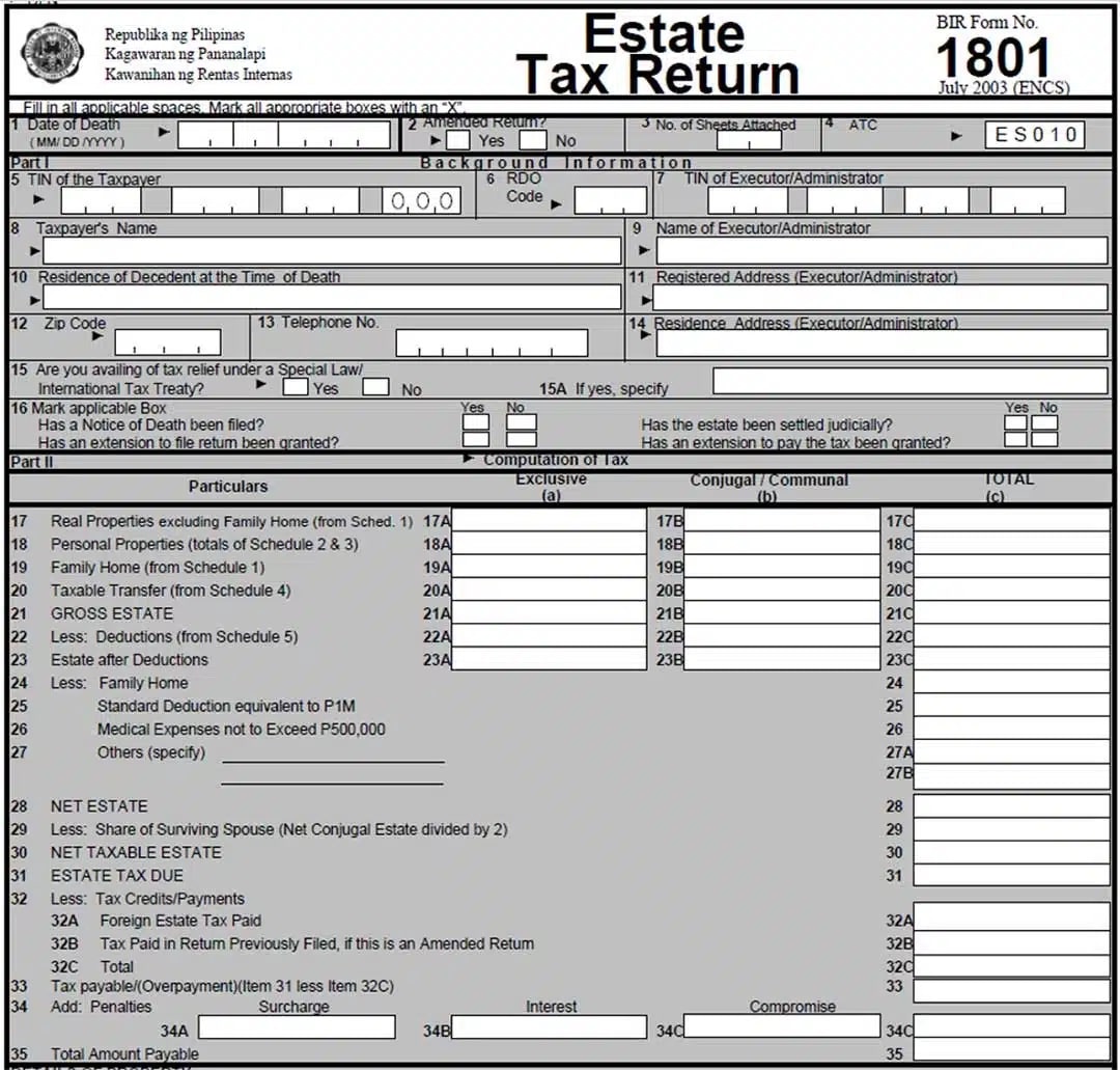 The process to transfer a land title to a family member in the Philippines includes filing Estate Tax Return 1801
