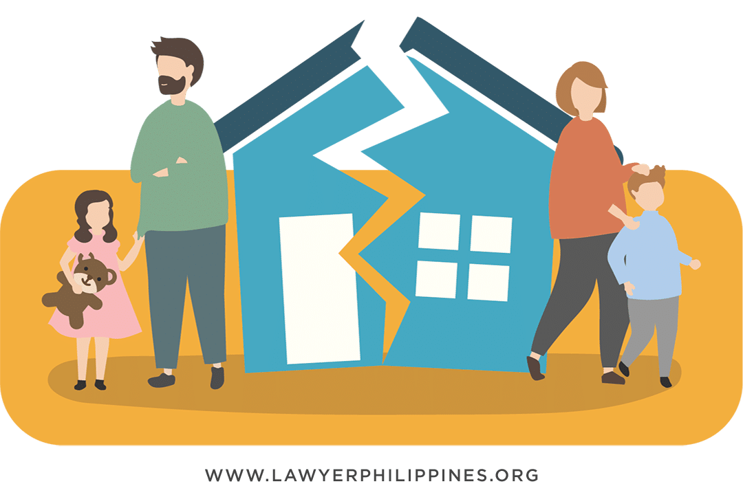 A house which is split in two, with the husband and one child on the left and the wife and one child on the right. Divorce in the Philippines