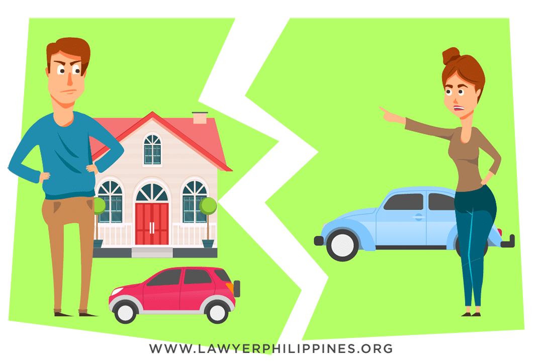 A husband on the left behind him is a house and car there is a white zigzag line indicating separation of properties and an angry wife is on the right standing in front of a blue car. Complete Separation of Properties by Lawyers in the Philippines