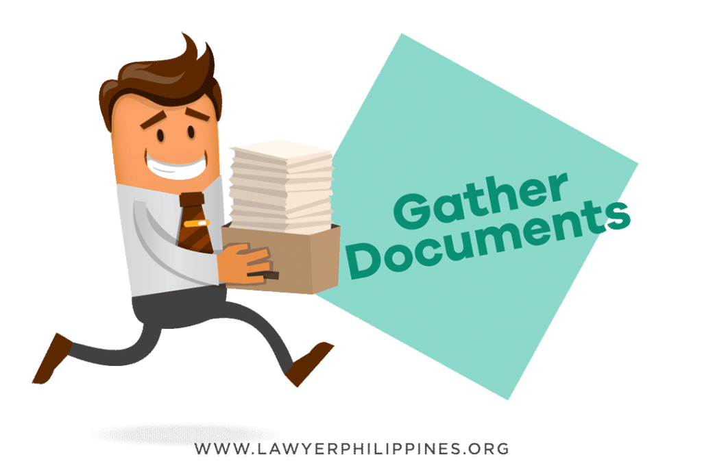 A man running with a box piled high with legal documents proving ownership of land, with the words "gather documents". All are needed for the lost Title process in the Philippines