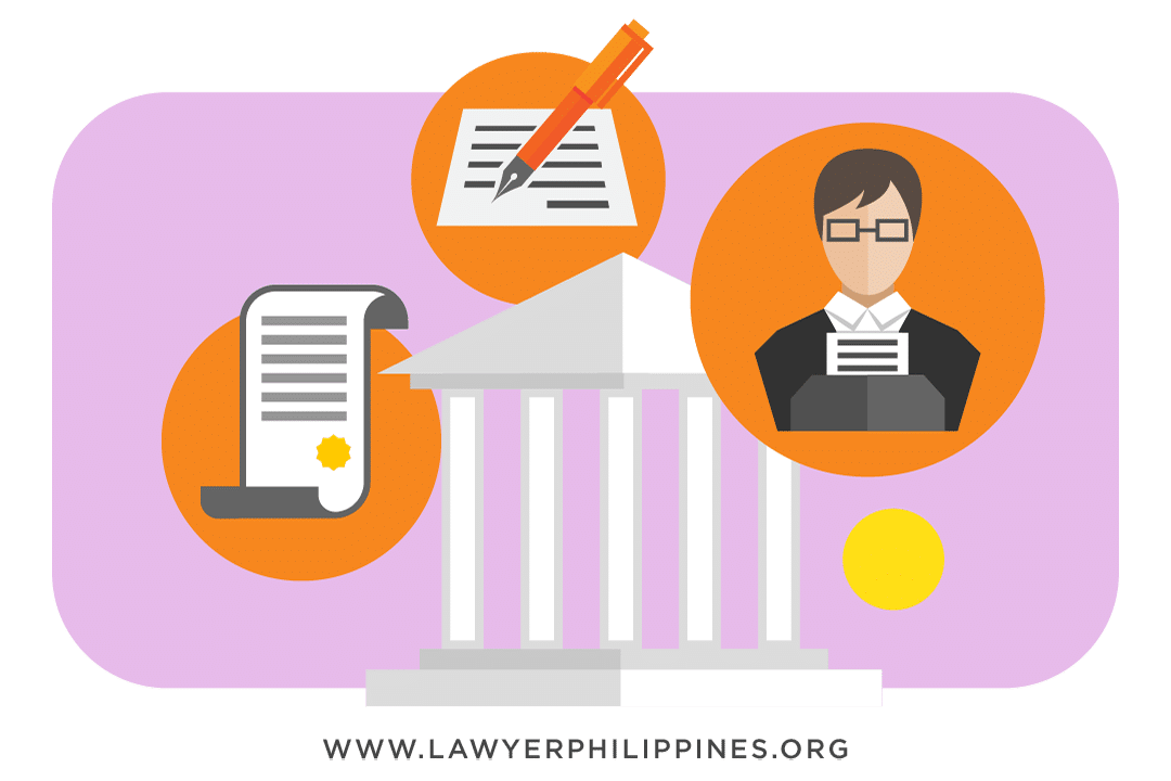 A white court entrance with Doric columns, to the left is a Certificate of Land Title. Above the court is a Petition for Reconstitution of Lost Owner's Title prepared by a lawyers and to the right is a Judge who will decide on the Reconstitution of Title Philippines case.