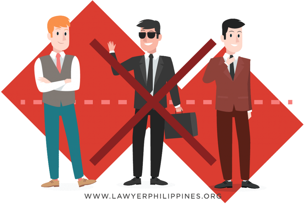 Three men standing together.  The "middle man" standing in the middle has a large red cross over him.  Article What To Do When You Have Lost Your Philippine Land Title by Lawyers in The Philippines