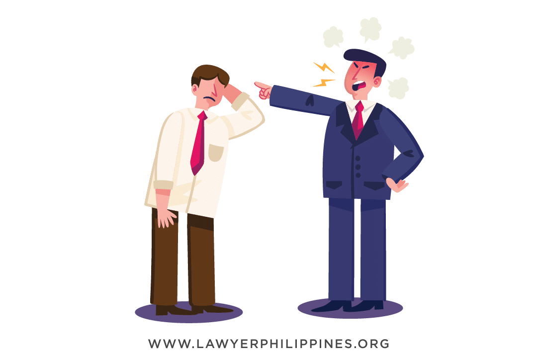 An angry red-faced boss in a blue suit shouting at a male employee