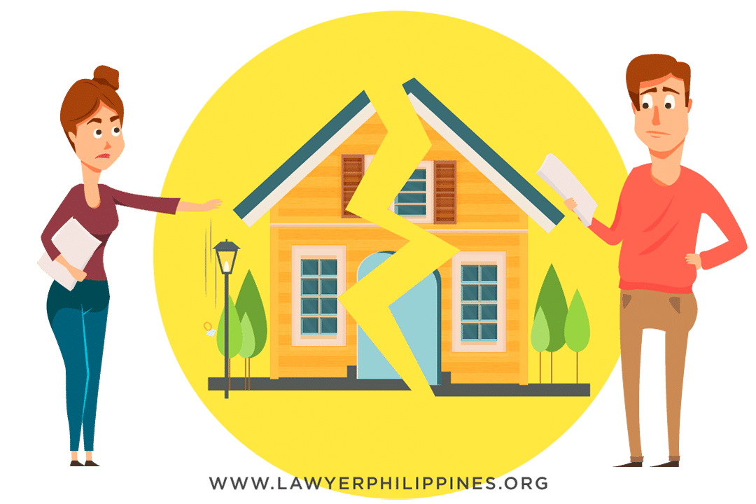 An orange house split in half. A husband and wife stand on opposite sides of the house. The wife is holding an Order of Dissolution of Marriage. Under Conjugal Partnership of Gains, What happens to property when a marriage is dissolved? Inheritance part of Conjugal Property?