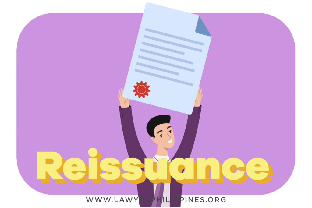 A man holding a Certificate of Land Title Philippines. The certificate has a dark red seal in the bottom left corner. Underneath the man in yellow text is the word "Reissuance". The article discusses the Process for Reissuance of Title in the Philippines.