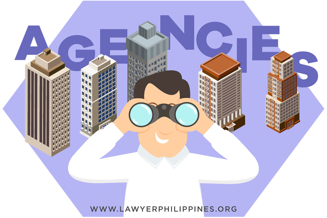 An aerial view of five buildings, in front is a man with binoculars and behind the buildings the word "Agencies".  Article Philippine Land Title Search by Lawyers in the Philippines