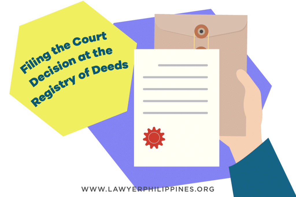 A hand holding an envelope and a Certificate of Title with the words "Filing the court decision with the Registry of Deeds". The article discusses Reissuance from the Affidavit of Loss to the Registration of the Court Decision.