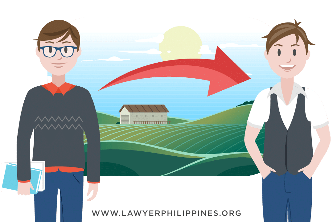 A man on the left holding a file with documents with a woman on the right. In between them there is an image of some land with a building on it. There is an arrow pointing from the man (the seller) to the woman (potential Buyer) indicating he is the Registered Owner of land