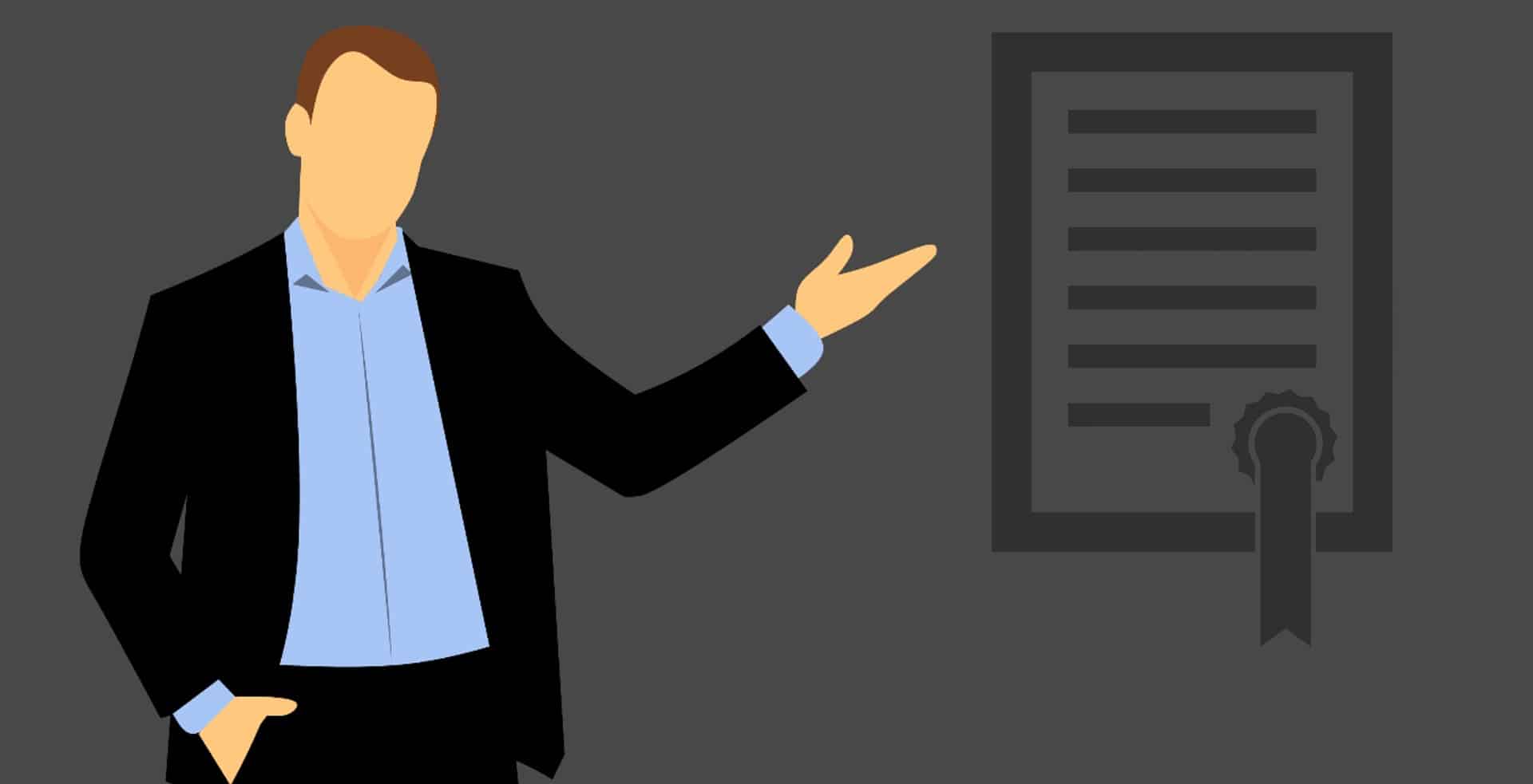 A man in a black suit pointing to a document with a certification ribbon indicating it is authentic. You may be asked to Apostille birth certificate or marriage certificate.