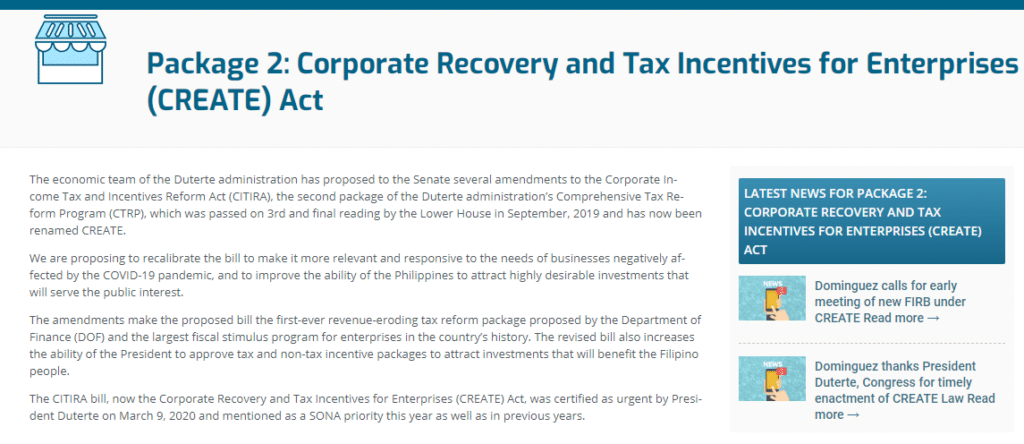 CREATE Act as posted on the Department of Finance website