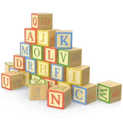 Baby building blocks featuring the alphabet piled up.