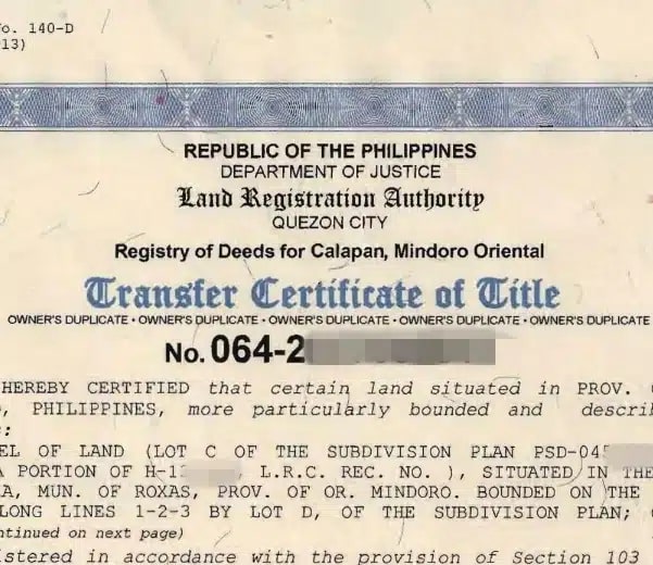 A sample front page of a Philippine Land Title