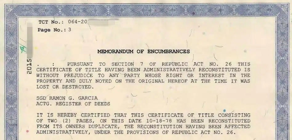 A sample of encumbrance page