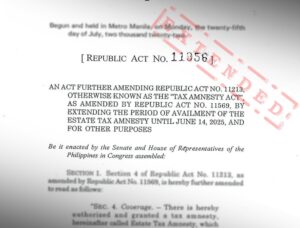 Title page of RA 11956 stamped EXTENDED