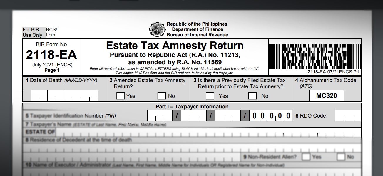 The front page of BIR Form 2118-EA