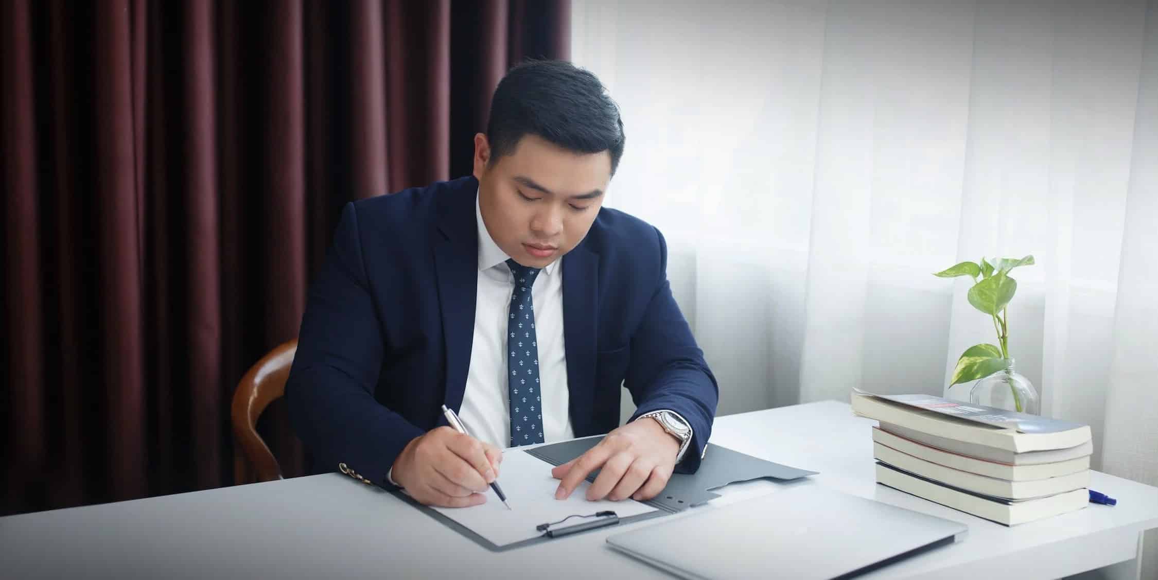 A man on his desk writing in his notebook