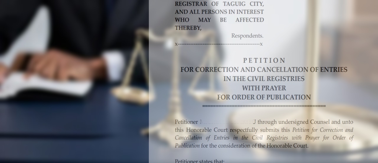 An overlaying petition to cancel a Philippine birth certificate with a lawyer in the background