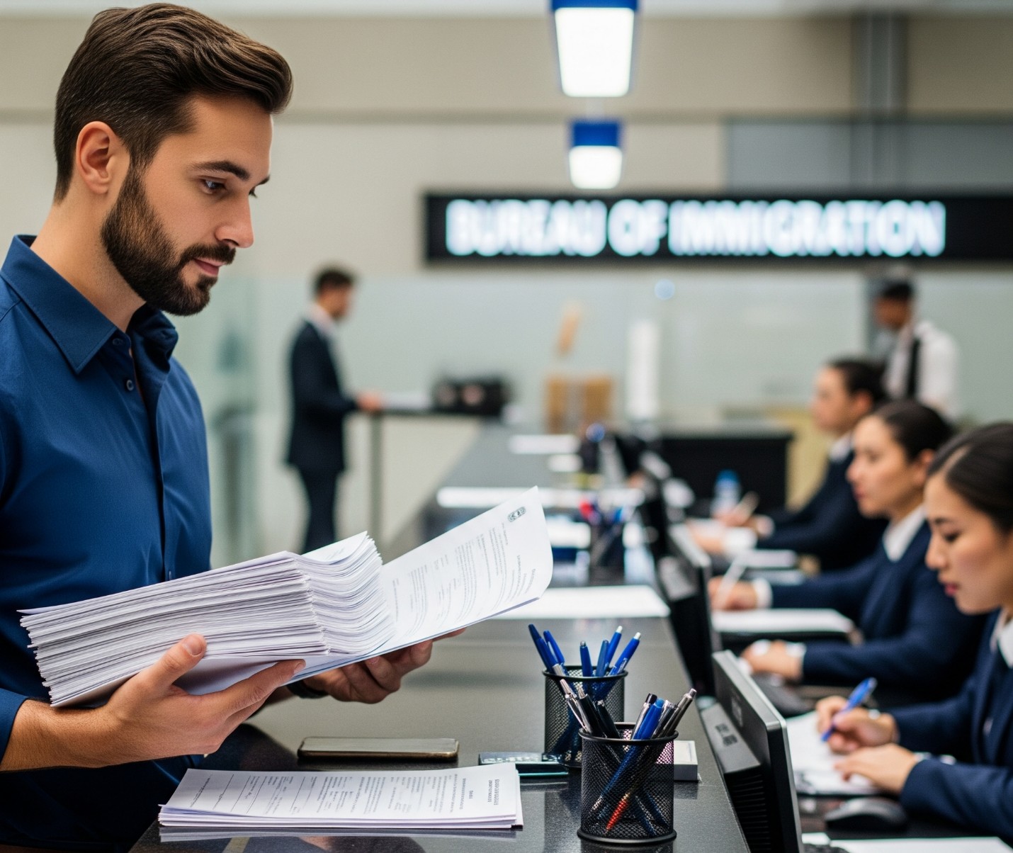 A hopeful applicant hands over key documents at the Bureau of Immigration, fulfilling Special Visa for Employment Generation requirements for his Philippine SVEG application.
