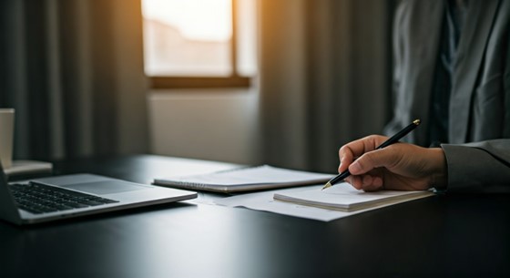 A person writing on a notepad in front of her computer
