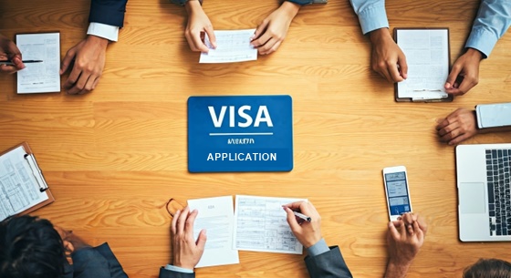 Corporate officers having a meeting and a big VISA mat is on the table