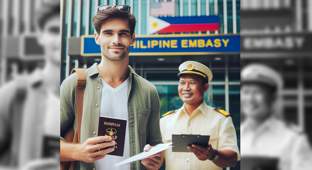 A foreigner holding a passport and a Visa approval paper while behind him is an immigration officer