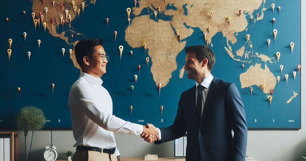 2 gentlemen shaking hands and behind them is a global map with random pins