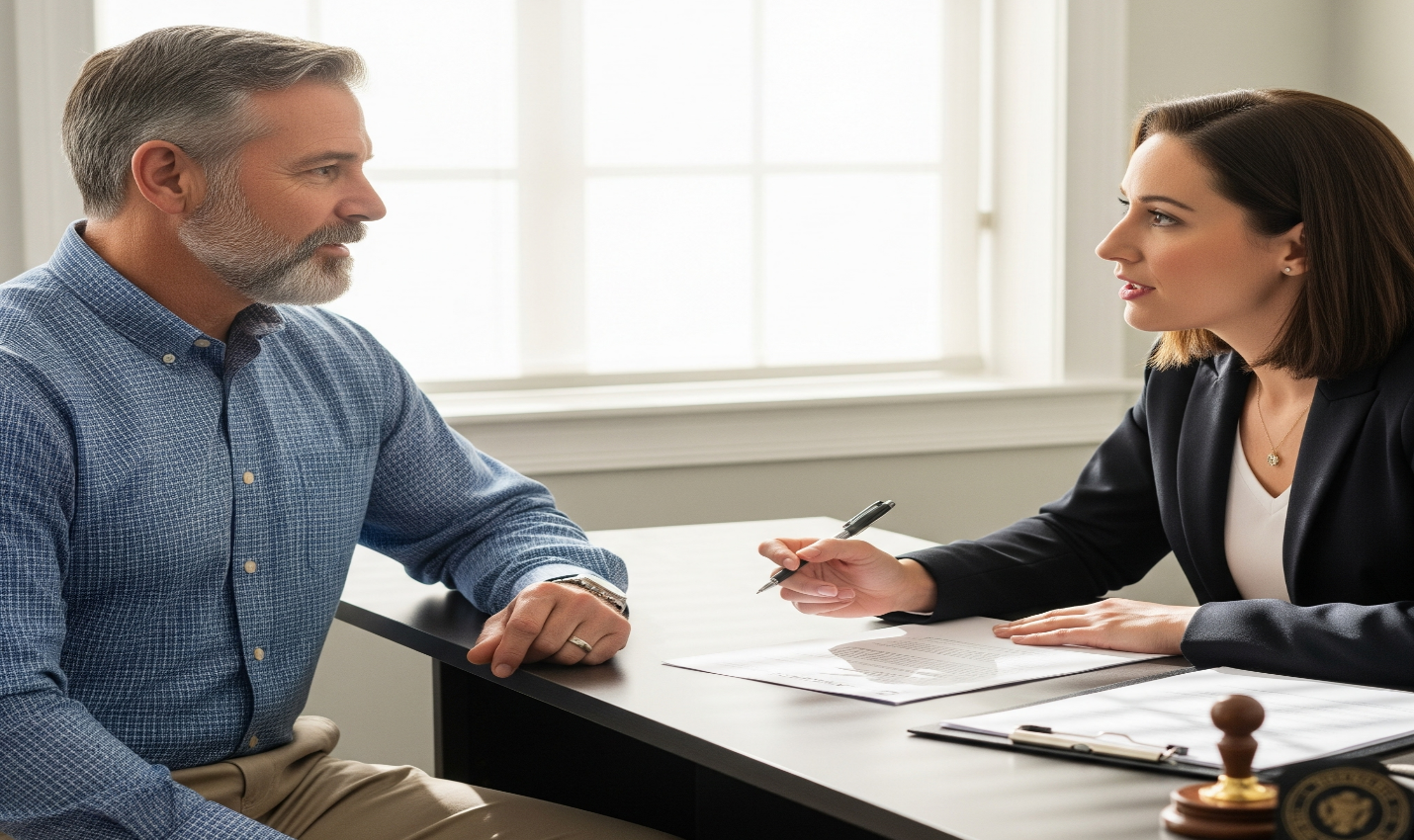A man working with a lawyer to assist drafting an affidavit of lost asking important questions such as “paano gumawa ng Affidavit of Loss” as well as “magkano and documentary stamp tax sa Affidavit of Loss”